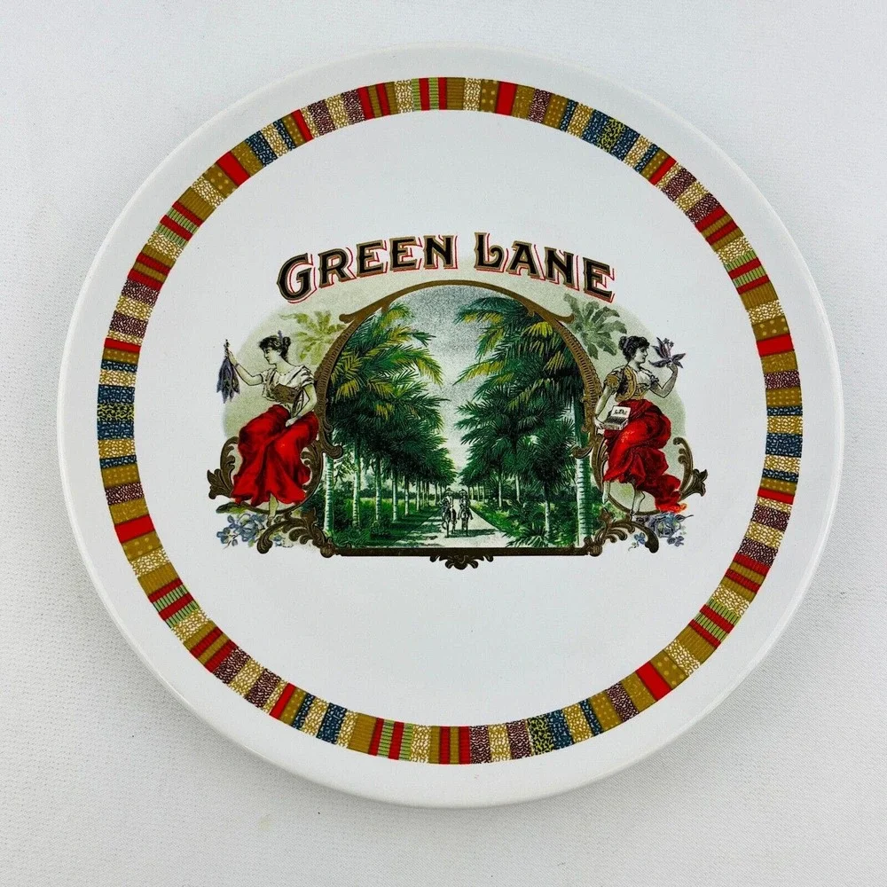 Pottery Barn Green Lane Fireside Club 2 Salad Plate‎ Lot Cigar Box Stripe Trim